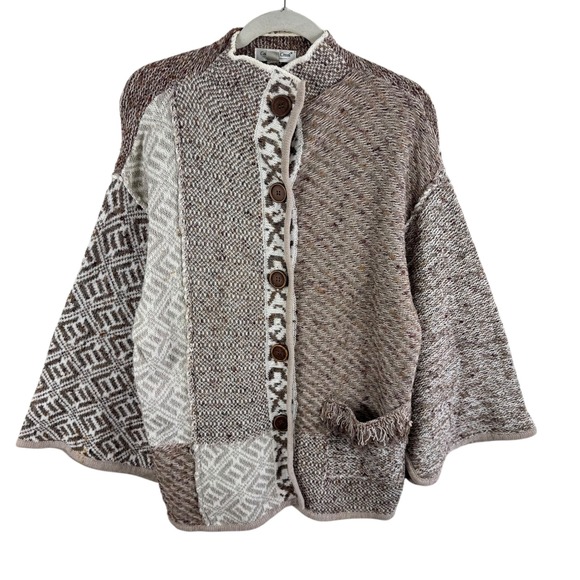 Coldwater Creek Sweaters - Coldwater Creek Patchwork Knit Cardigan Sweater Brown Tan Fringed Pockets Size L
